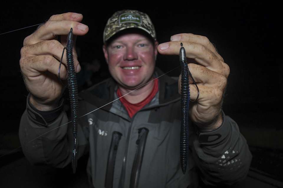 When the action slowed, he switched to a Reaction Innovations Pocket Rocket, with 4/0 Gamakatsu Straight Shank Worm Hook and 3/8-ounce weight. Another choice was a Reaction Innovations Machete Worm, with 5/0 Owner Hook and 3/16-ounce weight. 
