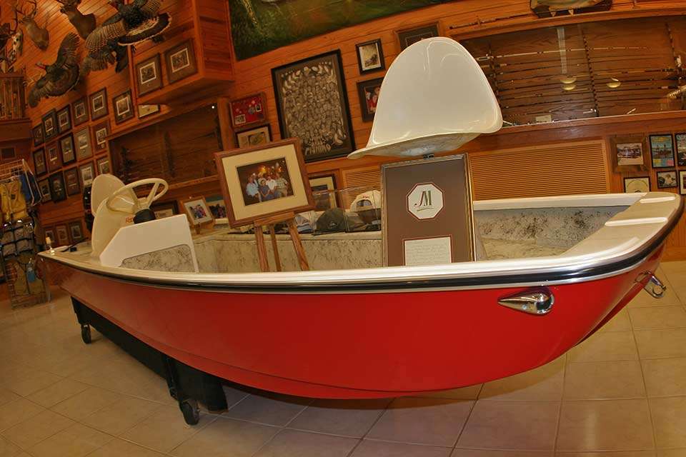 One of the first fiberglass bass boats sits prominent in the facility. Wood gifted it to good friend and fellow trout guide Jerry McKinnis, who used it for years for his show before returning it. Wood had it refurbished.