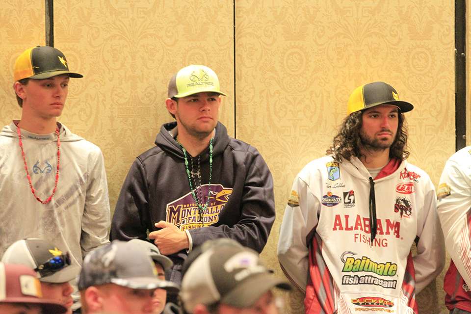 Mason Waddell (left), Cal Culpepper (middle) and Tyler Lubbat (right) stand at the back of the room. They are all products of high school fishing.