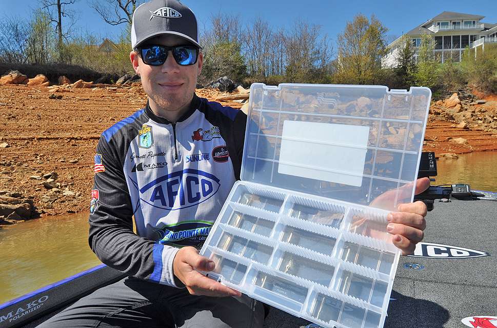 Michigan Bassmaster Elite Series pro Garrett Paquette is about to fill this Plano flat tackle box with a killer selection of baits for beginners.