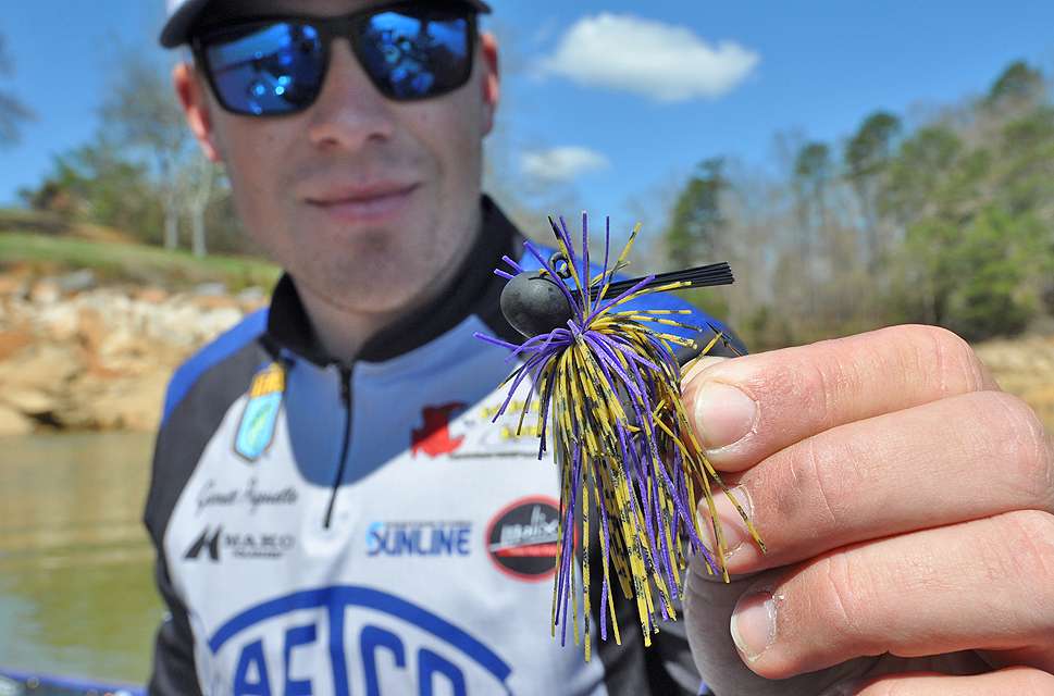 From the box Paquette plucks a 1/2-ounce Molix MF Jig, which has a modified football head shape.</p>
<p>âThis is a good all around deep jig,â Paquette said. âIt has a small profile and a hand tied finesse skirt. Itâs also a good tough-times jig and a good bait for smallmouth and spotted bass.â
