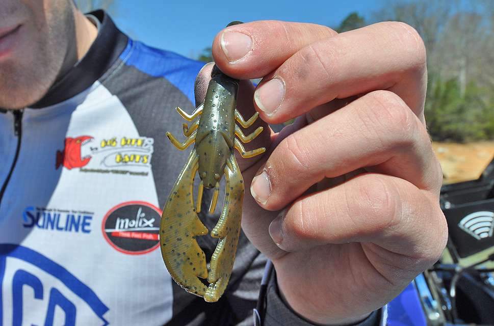 The bait that Paquette chooses for the jig is Big Biteâs 4-inch College Craw in the green pumpkin color.