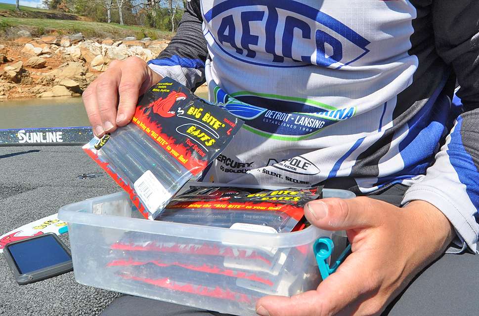 Here again, Paquette keeps his soft baits in their original packaging.