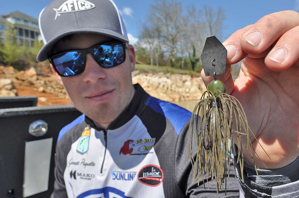 A green pumpkin bladed jig is the next bait on Paquetteâs list. He opts for green pumpkin when bass are feeding on bluegill and white when shad are the primary forage.