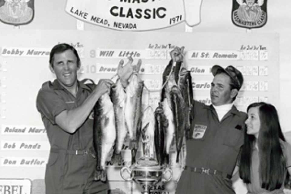 In the early days of B.A.S.S., anglers like 1971 Classic champion Bobby Murray (right) and founder Ray Scott wore jumpsuits, some with their name embroidered over the pocket, and with the B.A.S.S. patch.