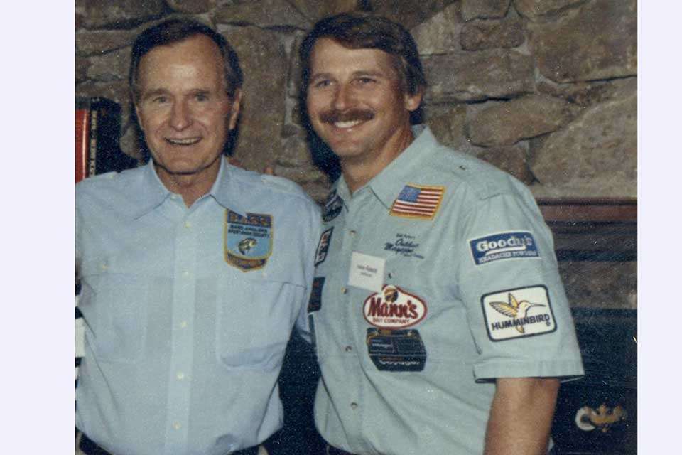 Some time after Hank Parker won the 1979 Classic, fishing shirts with epaulets and patches were in vogue. President George Bush was known to bass fish and even visit Ray Scottâs lake, and he was a supporter of B.A.S.S. down to the fashion.