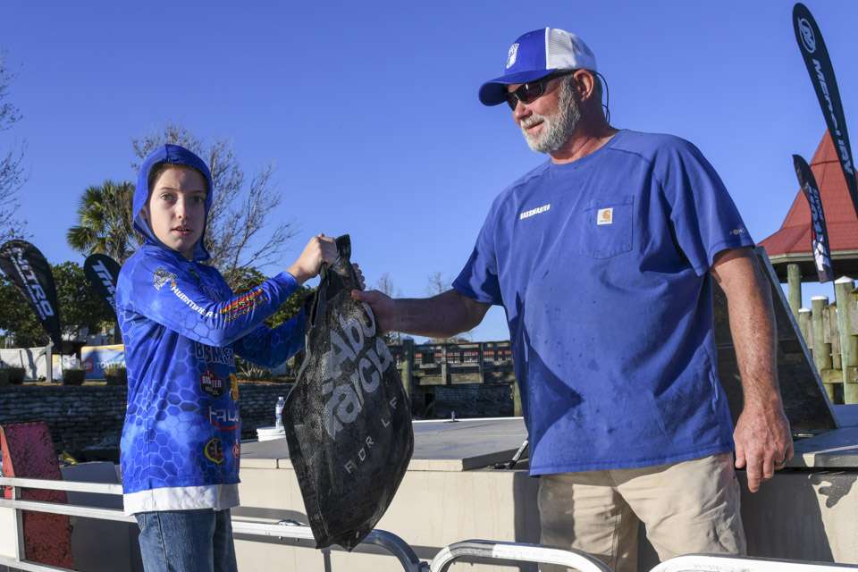 Luke Tincher and Wyatt Chapman were ready to take the bags from Bassmaster Tournament Director Trip Weldon and hand them to high school anglers off stage.