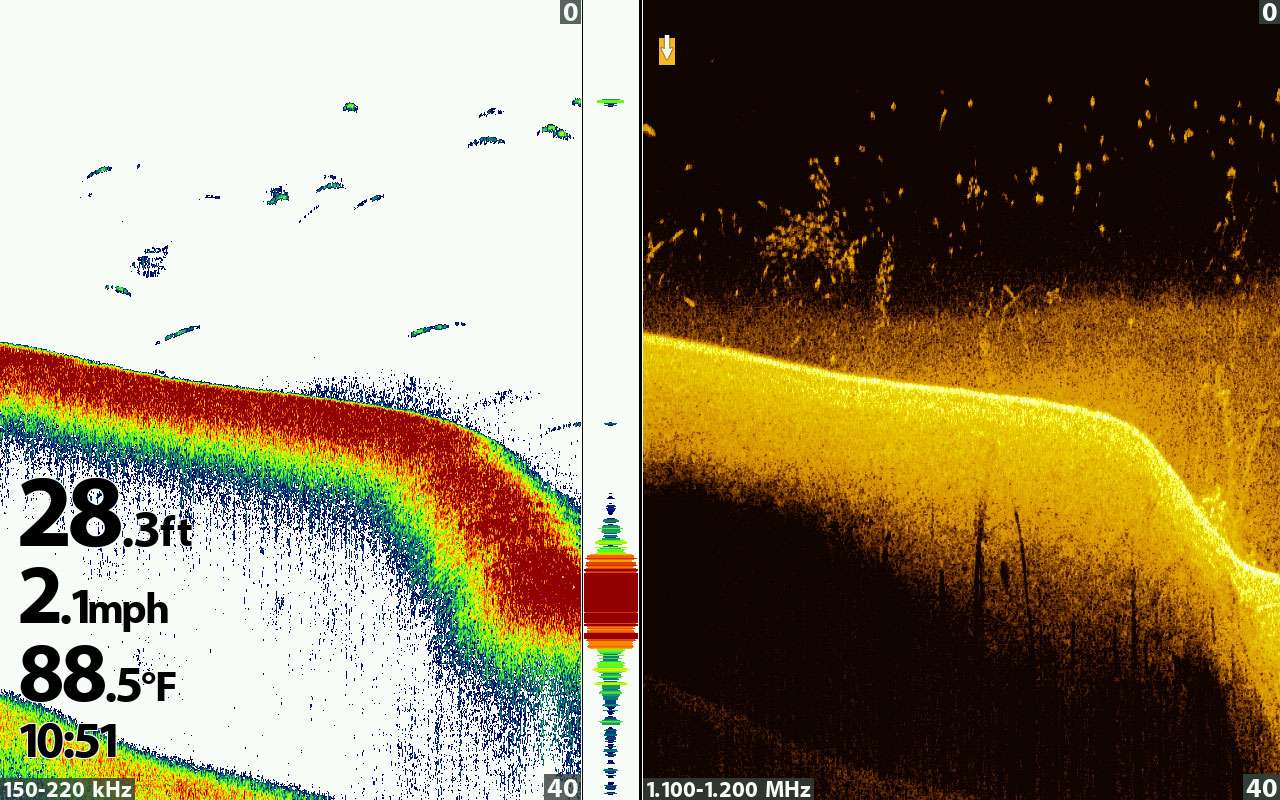 Here you can see the point break off into deeper water that eventually dumps into the existing river channel. The side-by-side view of the 2D and Mega Down Imaging show the same spot, but offer different details--both valuable to the bass hunter. 