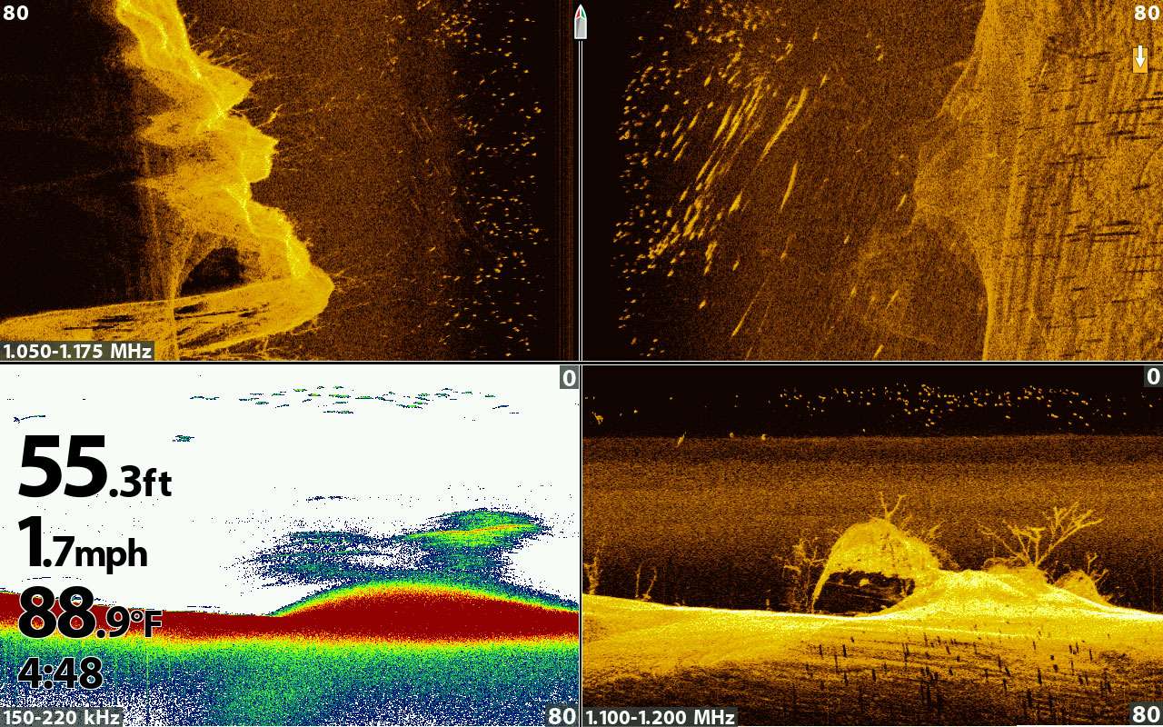This is a multi-faced look at the ledge before it drops into deep water. It's valuable to compare the Side and Down Imaging to the regular 2D sonar. There are obvious needs for each, but a side-by-side comparison is educationial. 