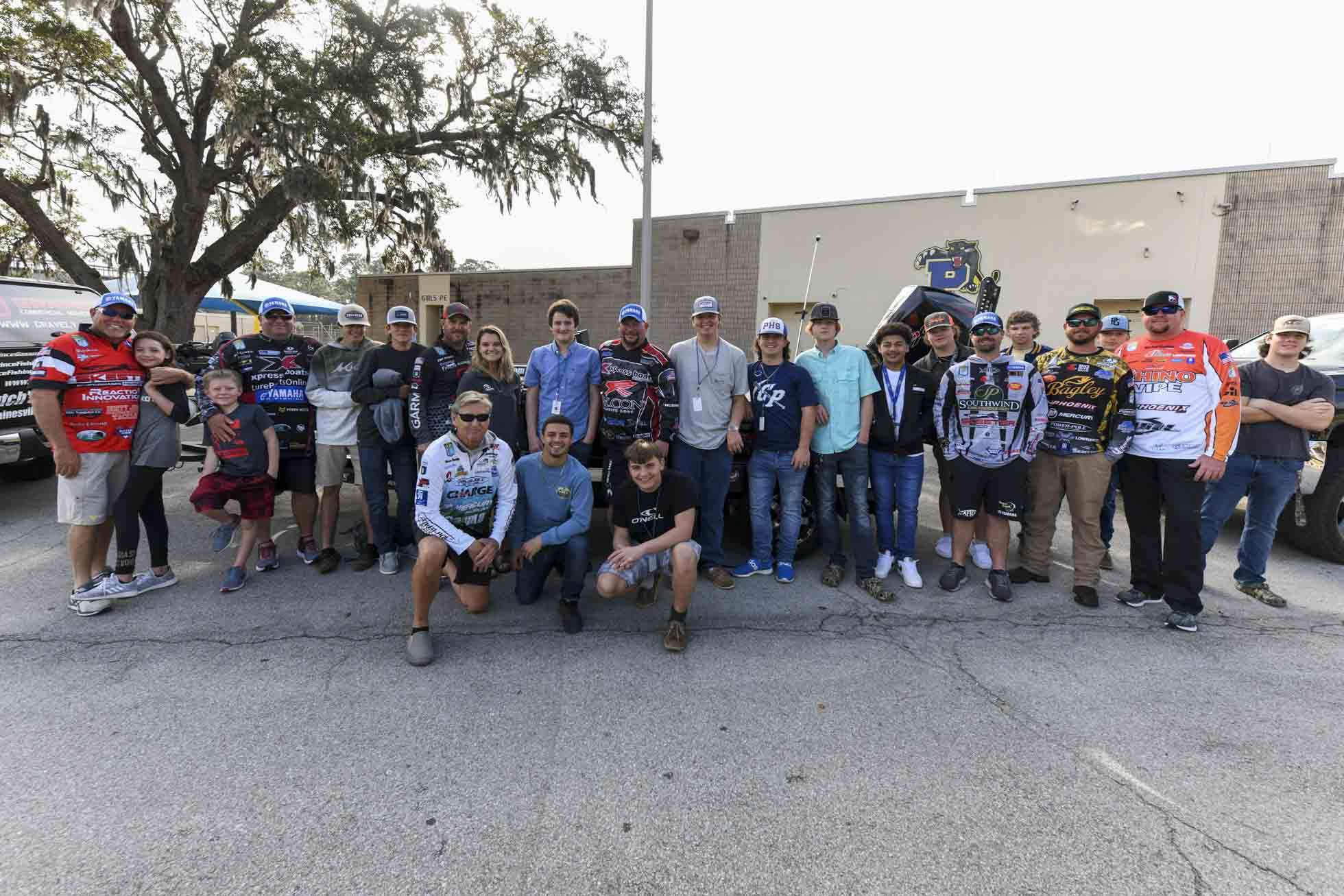 The Palatka High School fishing team gathered for a photo will the 10 pros who visited the school. Sharon Harris, Palatka High Schoolsâ medical teacher the opportunity for students to mingle with pros and learn more about the business.
<br><br>
âWe have students sitting in our classrooms that this is their dream â to do this one day,â Harris said. 