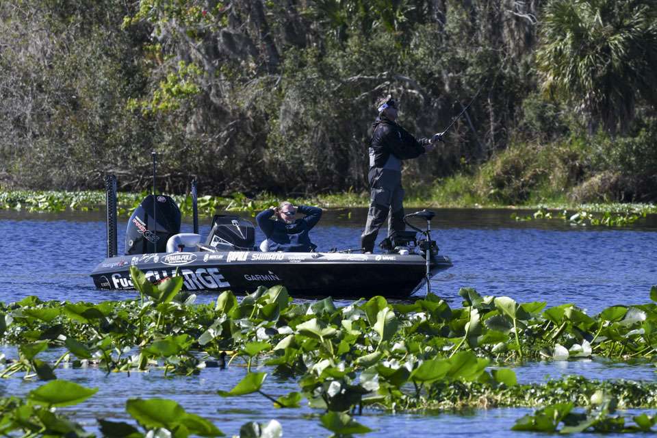 Bernie Schultz, John Cox, Brian Snowden, Yusuke Miyazaki, Brock Mosley and Rob Digh enjoy a beautiful afternoon on Day 1 of the AFTCO Bassmaster Elite at St. Johns River. 