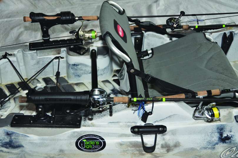 The best bass creeks are often snaggy, where branches can grab and break rod tips. You must keep rods stowed horizontally, with tips protected from sticking out. My Old Town Predator 13 has tip-protector flaps on the bow and rod-butt shelves with bungees next to the chair for stowing two rods flat. Hereâs how I added two more horizontal holders and tip protectors.
<p>
<em>All captions: Dave Mull</em>