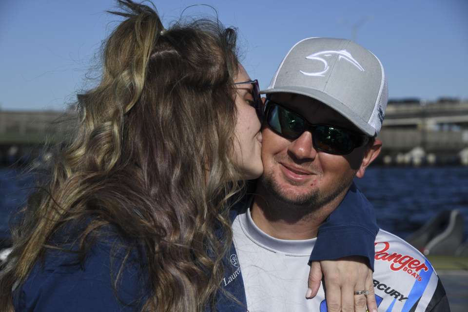 Hunter Welcher saved a big kiss for her husband until they returned to his boat to head to the ramp.