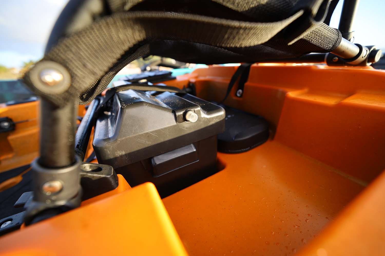 Beneath the seat is where the battery is stored.The Minn Kota trolling motor runs on a 12-volt system, either lead acid or lithium. Both options will run for hours providing all-day power.