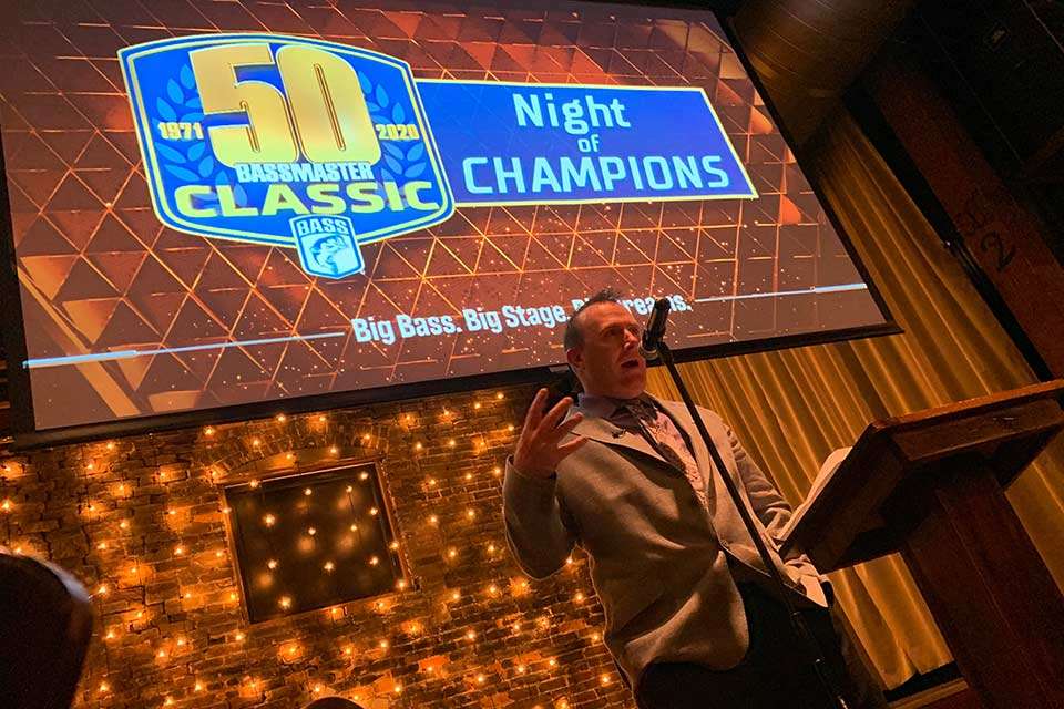 The night serves to recognize all the B.A.S.S. champions over the year, including a speech from Elite Series Angler of the Year Scott Canterbury.