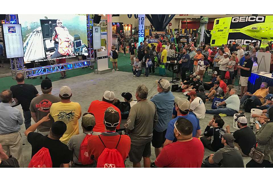 The B.A.S.S. booth is a popular place at the Expo, often crowded as fans check out Bassmaster LIVE on the big screen. Live streaming cameras put spectators in the boat with anglers.