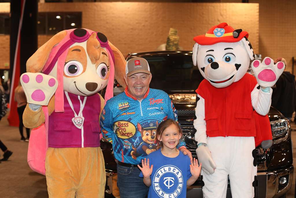Charlie Evans, with Skye and Marshal from the PAW Patrol. 