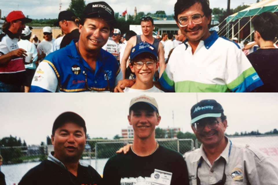 Jeff Gustafson of Kenora, Ontario, credits a number of people on his road to becoming an Elite and qualifying for the Classic. Gussy sent photos of himself with Gord Pyzer (right) and Bob Izumi (left) from 1993 and 1999. Pyzer is a well-known outdoor writer and fishing promoter who âlives in the same town I grew up in and started taking me fishing when I was like 10 years old. He took me for my first bass boat ride and taught me a lot growing up. Bob Izumi is probably comparable to the Roland Martin of Canada. He has a long running TV program and has won more tournaments in Canada than anybody else. He has enjoyed some success tournament fishing in the U.S. as well, but heâs a guy that has been very successful in all aspects of making a career in the fishing industry. When I met him when I was a teenager, he was exactly in real life how he is on TV.â
