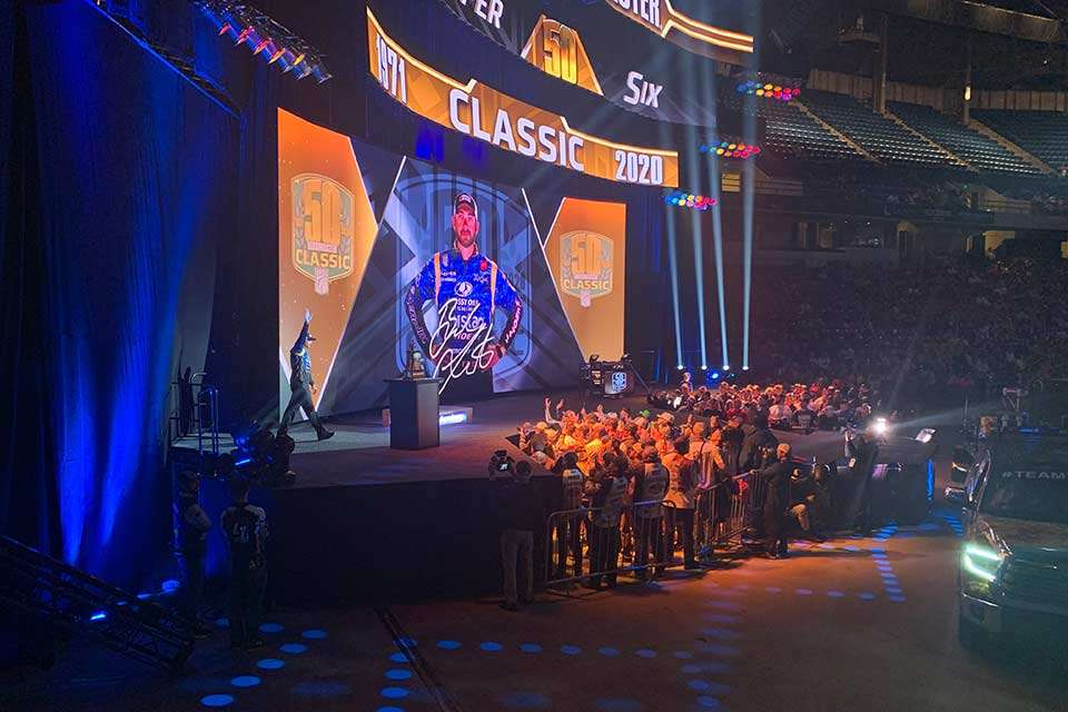 Lester is introduced to the crowd. Each of the final six anglers went to their boats for a final trip around the Legacy Arena floor.