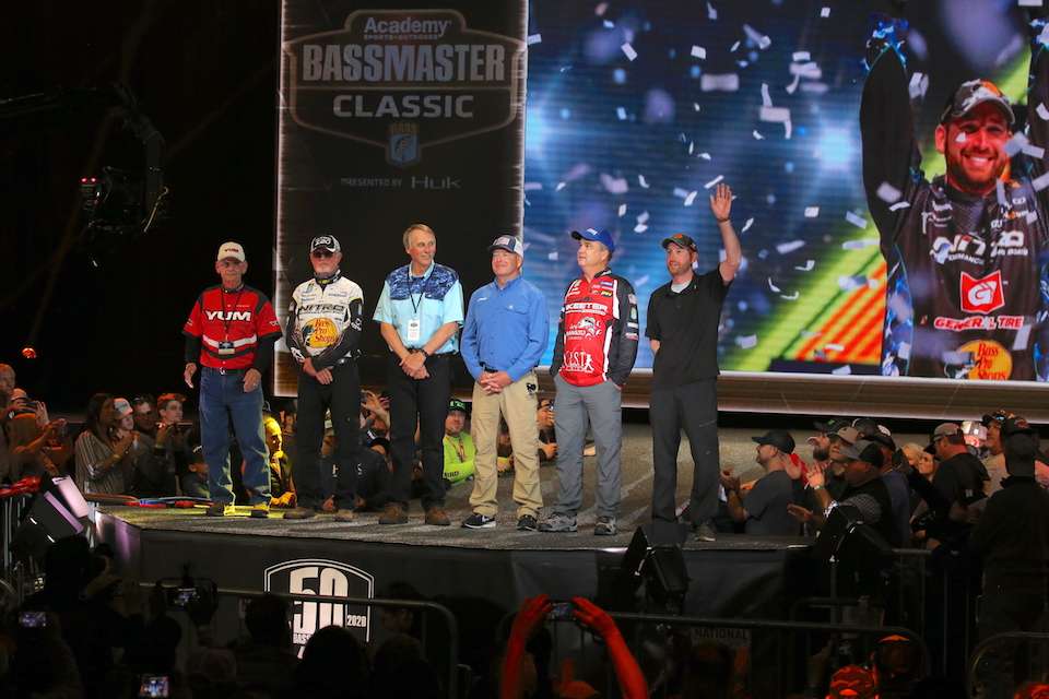 A Bassmaster Classic winner from each decade appeared on stage to celebrate the 50th anniversary of the Super Bowl of Bass Fishing.