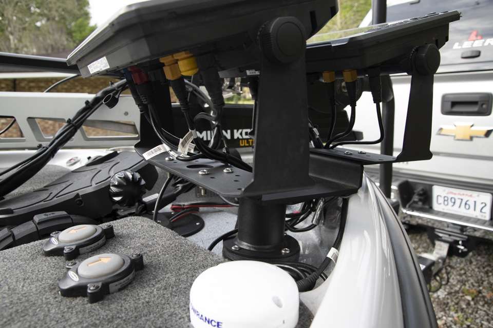 His front electronics are held securely in place with Bass Boat Technologies mounts that are screwed into the recessed panel of the front deck. âThey are rock solid,â Latuso said. âI never have to tighten them or do anything with them, and Bass Cat recommends them.â