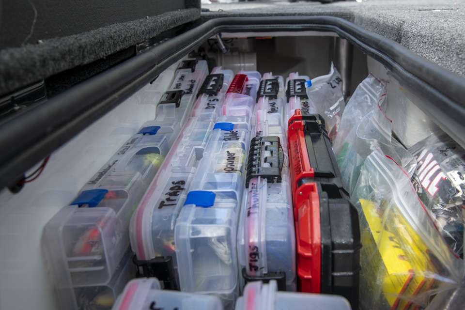 Latuso has every tackle tray labeled to efficiently reach the bait he needs. Stored in this box, from front to back are topwaters, spinnerbaits and Thunder Jigs, Rat-L-Traps, and crankbaits and jerkbaits. âIâm an organization freak,â he said.