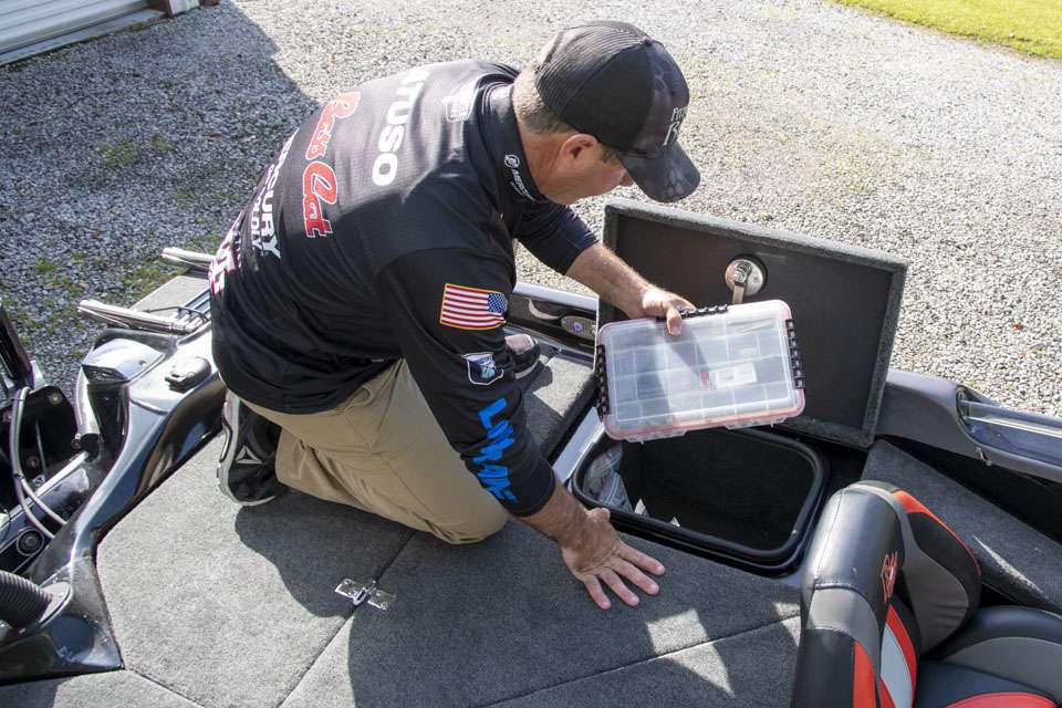 His drop-shot tackle is stored in a tackle tray, but he also keeps swim baits, swim bait hooks and other miscellaneous tackle. 