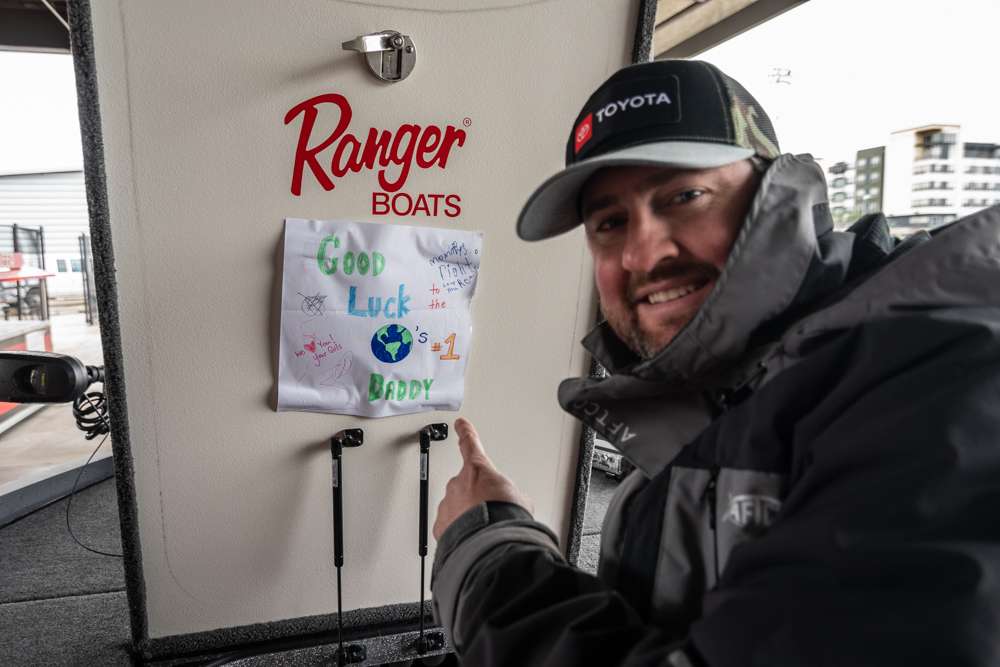 Matt Arey keeps a drawing made by his kids taped to the bottom of his storage locker.  This is not only a good luck charm, but also a constant reminder of what he is fishing for.