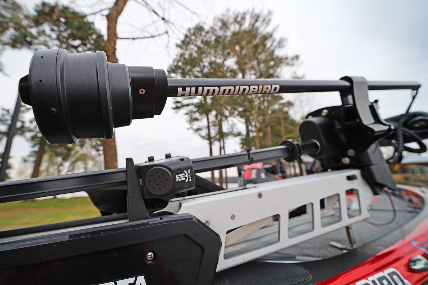 This year he added Humminbird 360 to his electronics. It conveniently clips onto his trolling motor shaft. Beneath the 360 you'll notice a small speaker, which is for his preferred playlist to be presented to his quarry delivered via a T-H Marine Hydrowave. 