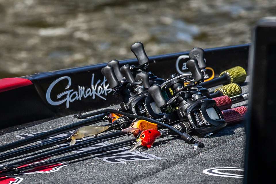 Flip through this gallery to watch him load up on nearly 18 pounds on Day 1, according to BASSTrakk.