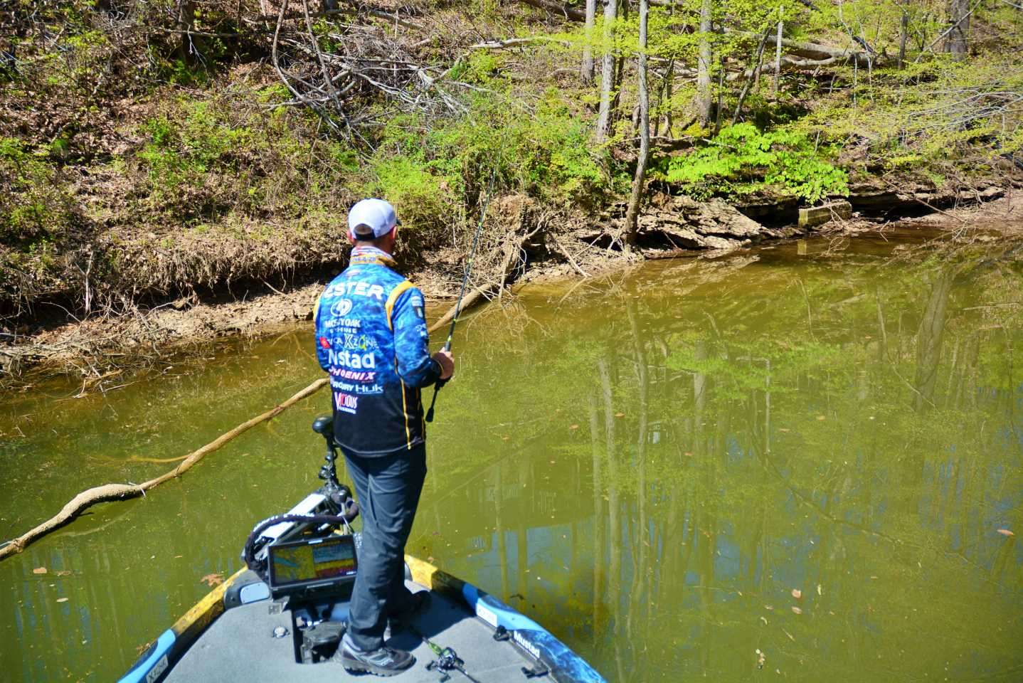 Lester enters a small, shallow pocket just around the corner of the last dock. He spots a bedding bass, a male, and switches from the Spook Jr. to the weightless, floating wacky worm rig. 
