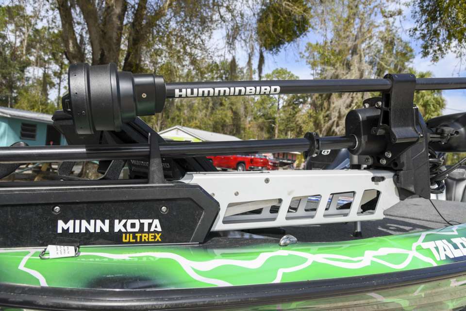 The Humminbird 360 Imaging transducer is mounted on his Minn-Kota to provide the best cone of visibility possible of structure and bass.

