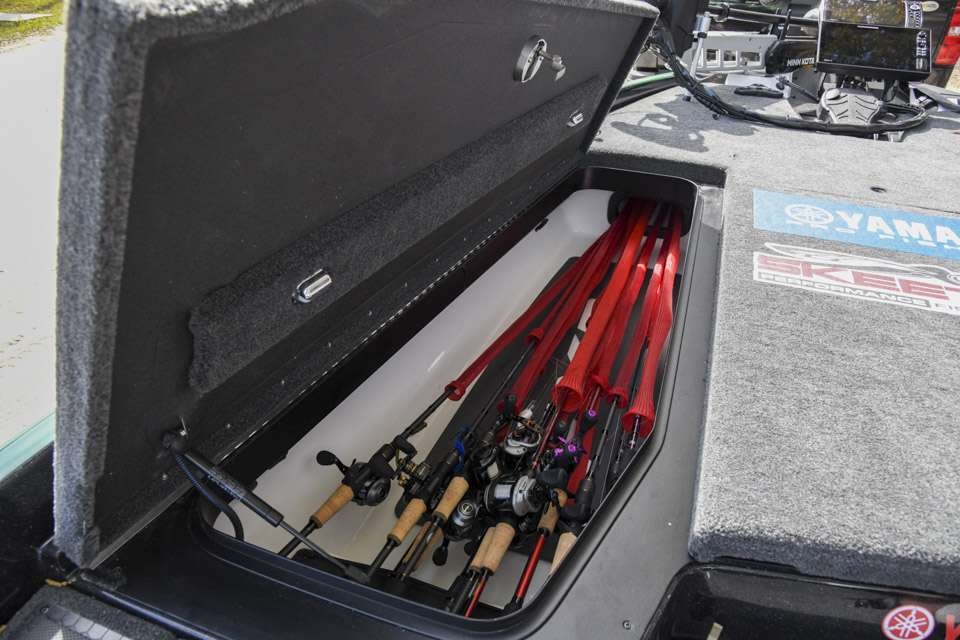 Jaye uses the port rod locker to store all the rods heâll need for the day on the water. The Skeeter FXR20 comes equipped with a rod storage system, but Jaye removes that for a simple reason. âIt allows me to fit more rods in there,â he explained.