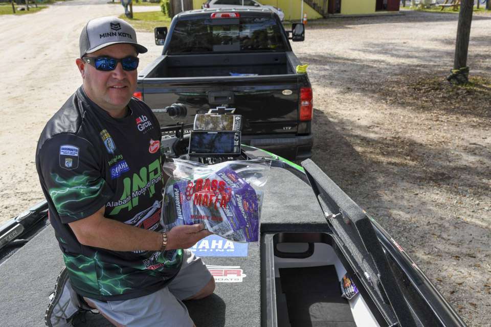 A Bass Mafia Money Bag is used to hold all of his primary soft plastics so he doesnât have to dig around the entire compartment looking for the lure he needs.
