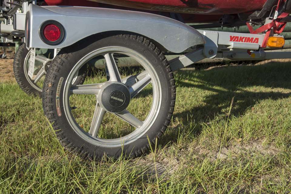 The wheels of this kayak trailer look like souped-up bike tires, but Keith Combs said they are tough and include bearings that donât limit travel speeds.