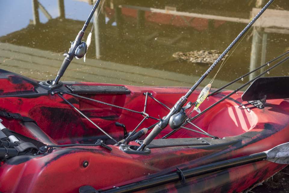 Two rod holders behind the seat keep Keith Combsâ primary rods within easy reach. A large, open storage area with bungies keep other rods and tackle securely in place.