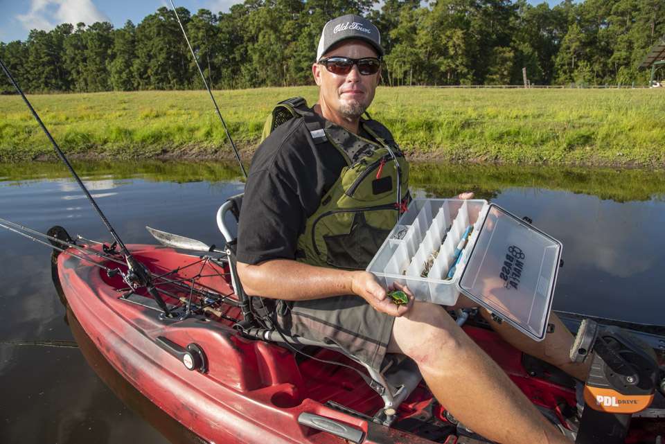 Keith Combs keeps his tackle selection simple, since thereâs limited storage on the small craft. He uses a single Bass Mafia box to contain all the tackle heâll use for the day.