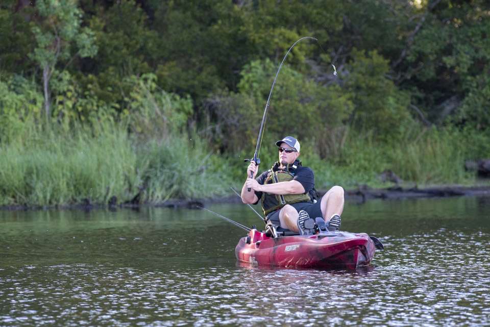 The PDL Drive propulsion system keeps his hands free to fish while he positions his kayak to most effectively pick apart his target.