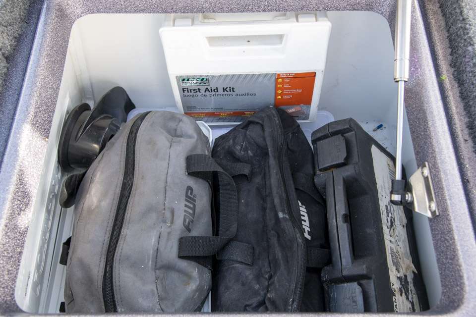 He keeps a couple of bags with tools, along with a spare trolling motor prop and covers for his Lowrance units.