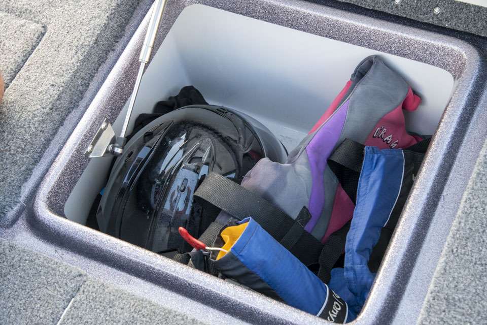 The compartment behind the passenger seat is where he keeps life jackets and a helmet. âI keep the helmet in the boat in case we have some bad weather,â he said.