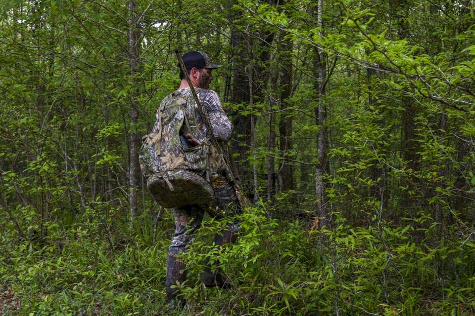 He picks his way into the woods, ensuring thereâs plenty of small bushes between him and the decoys while ensuring he has shooting lanes.