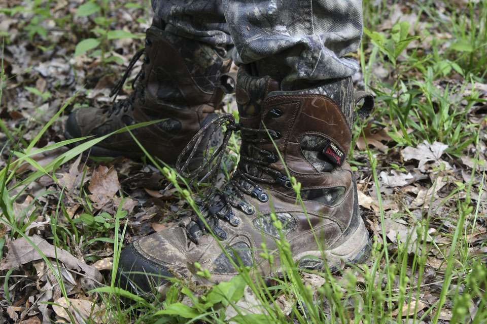 It was warm, so hunting boots not only help with traction in muddy areas but also provide protection from snakes slithering around. his hunting area is known for harboring rattlesnakes, so the danger is real in the springtime.