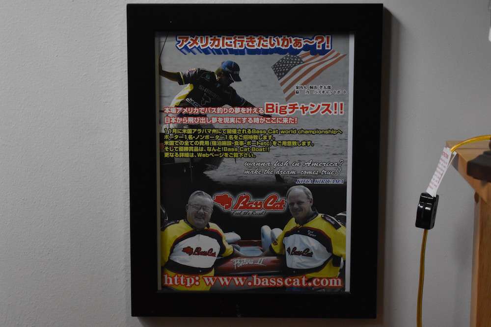 To the side of that table is a poster advertising a Bass Cat tournament in Japan, headlined by former Elite pro Kota Kiriyama. Pete has owned five Bass Cat boats since 1999.