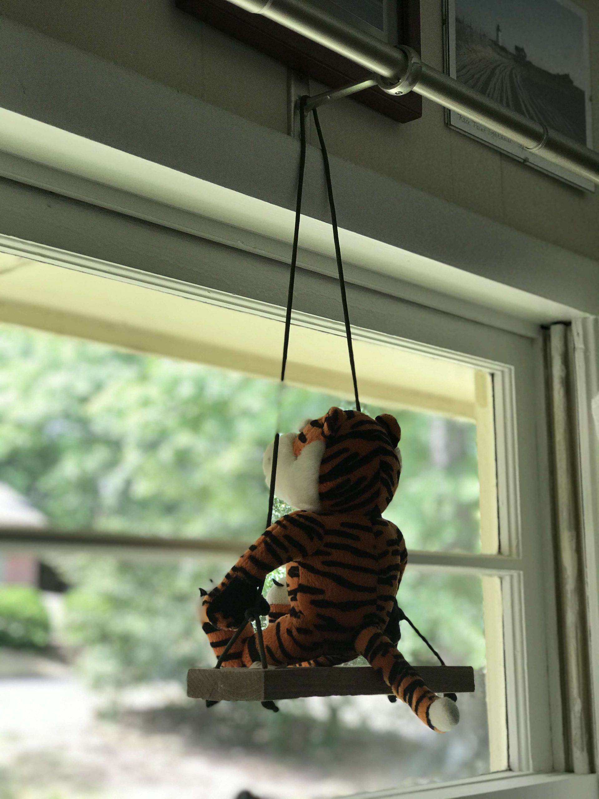 I read on a community Facebook page that the neighborhoods were putting bears in windows for the kids âGoing on a Bear Hunt.â The idea is kids going on walks would âhuntâ for bears in windows. Because itâs Auburn, I used a tiger. Steve built this swing for my Aubie to sit in the window.