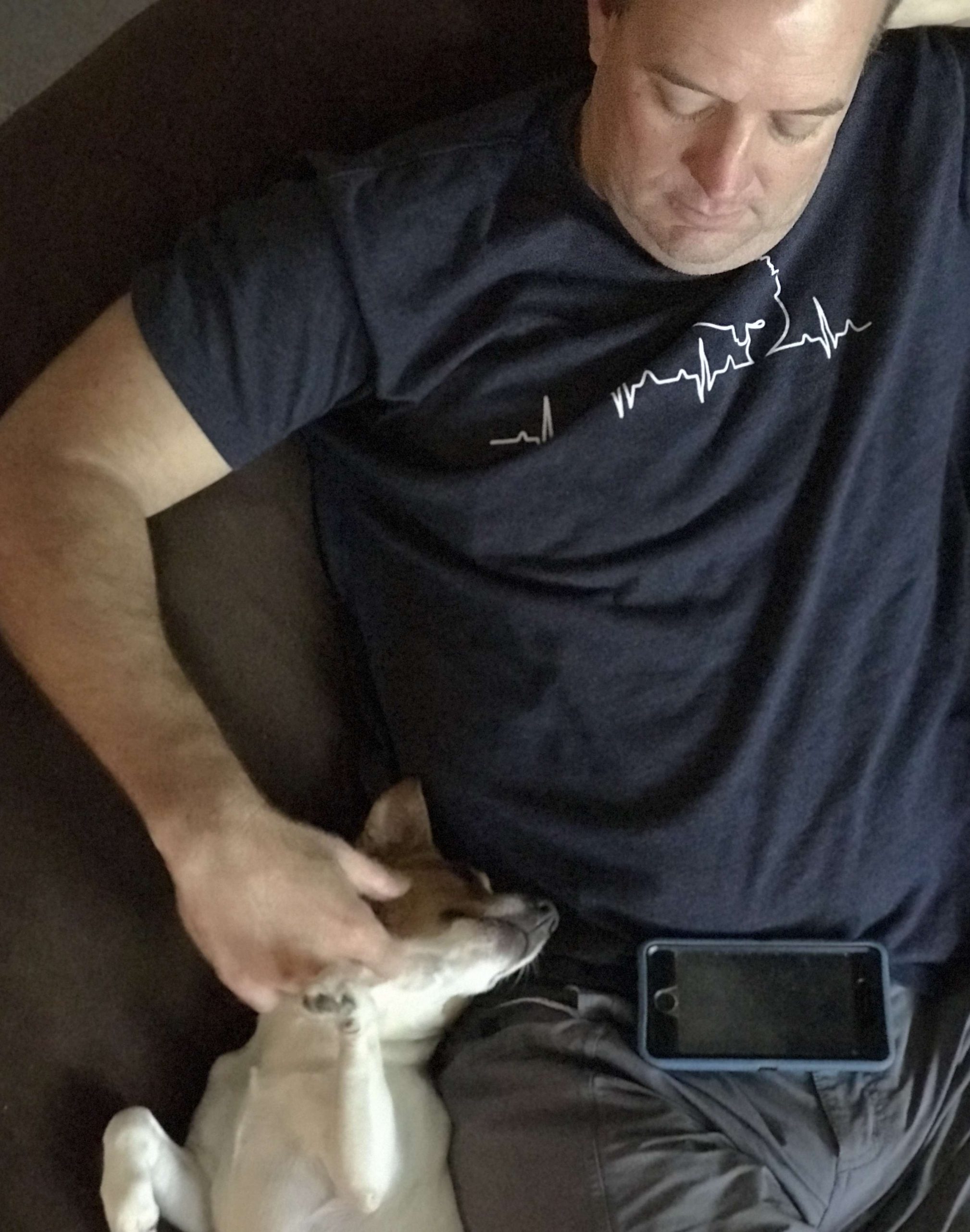 Coco, our Jack Russell, is loving having Steve home.