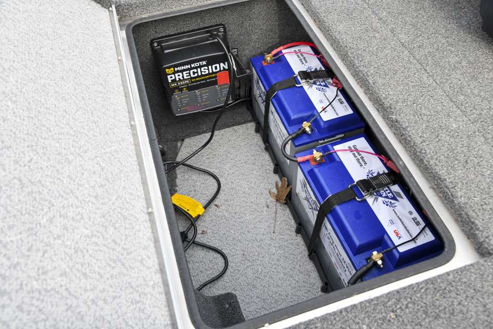 Cox carries six Battle Born lithium ion batteries in two 36-volt series so he never has to worry about running out of power, even if he really punishes his trolling motor. The first set, along with a Minn Kota charger, is positioned in his port-side compartment so they are easily accessible.