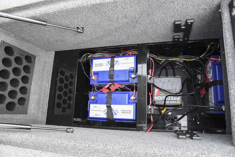 The second 36-volt battery series is tucked under the rod-storage locker. All those batteries would normally be a problem, especially in the front of the boat, but Cox said the lithium ions are so light that they donât pose any problems.