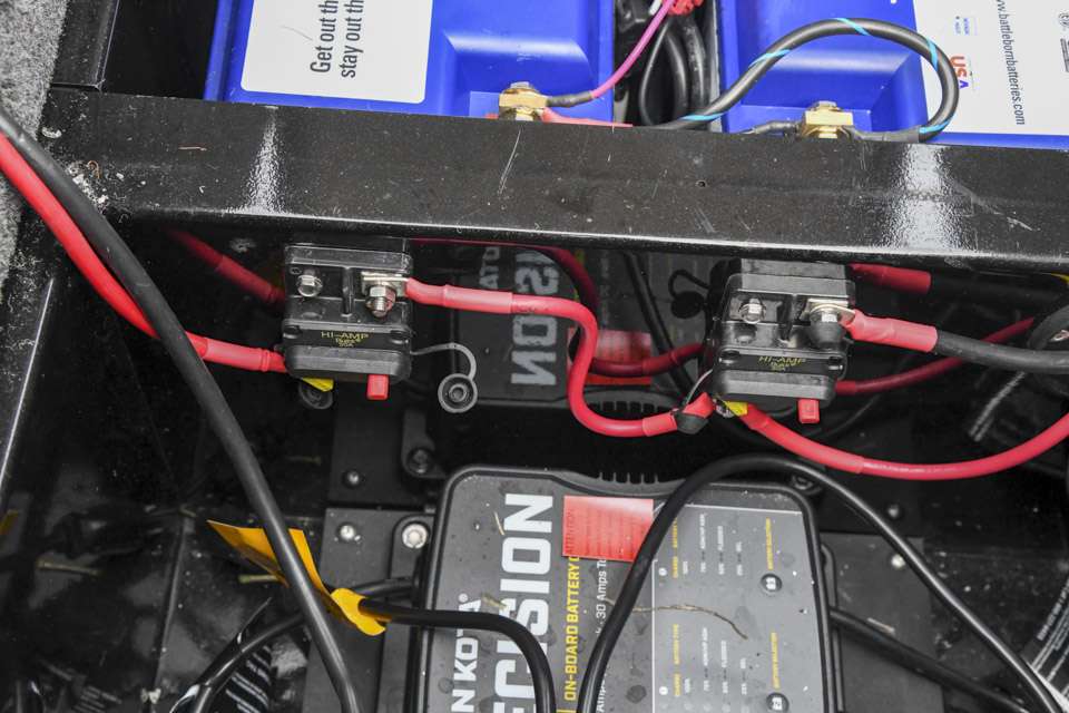 The pair of 36-volt battery series are linked to breakers, allowing Cox to quickly switch over. âWhat I do is flip one breaker up, and I can usually run it on 80 (percent) for seven or eight hours,â Cox said. âOnce it dies, I press the red button (on the breaker) in and flip the breaker up on the next one and Iâm ready to go.â
