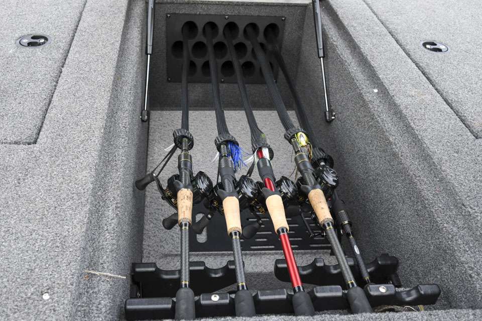 The rod locker (note the false floor covering the battery compartment) is roomy enough to hold all the rods Cox thinks heâll need.
