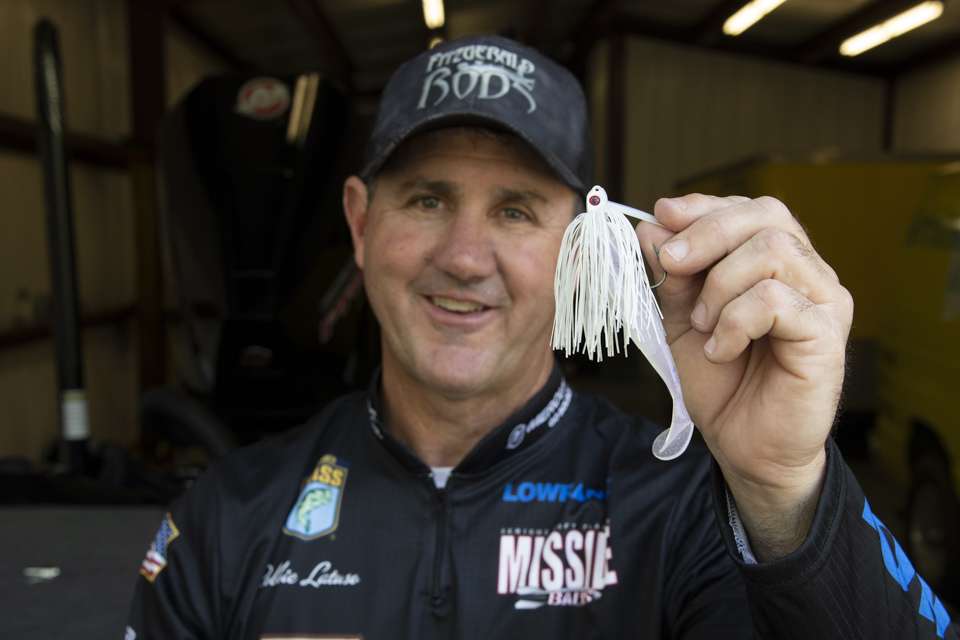 The next lure is another easy-to-fish choice that can be deadly to bass. The 3/8-ounce Delta Lures swim jig is paired with a Missile Baits Shockwave. âItâs another bait you can throw and wind back,â Latuso said. âItâs like a subtle spinnerbait.â